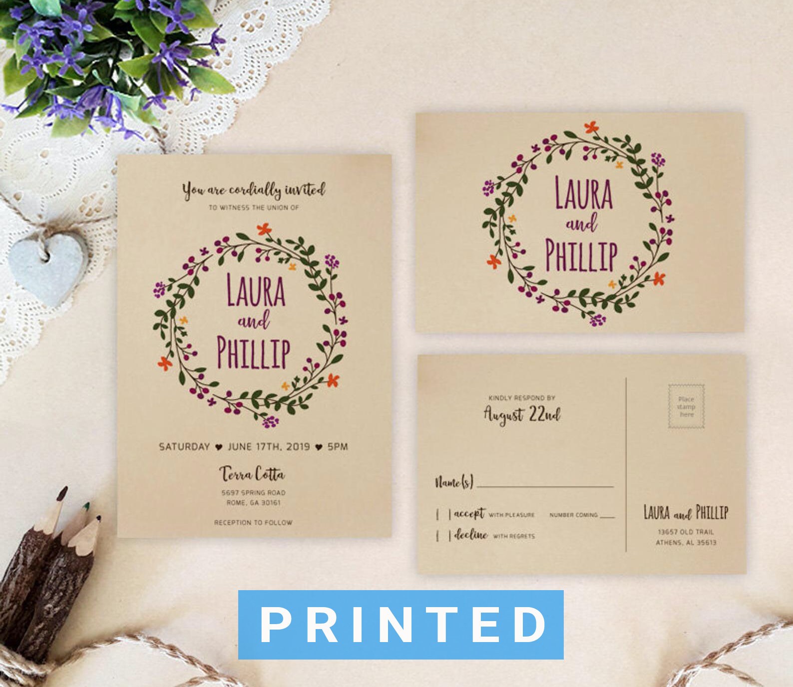 Rustic Country Wedding Invitations On Kraft Paper | Wreath Invitation With Rsvp