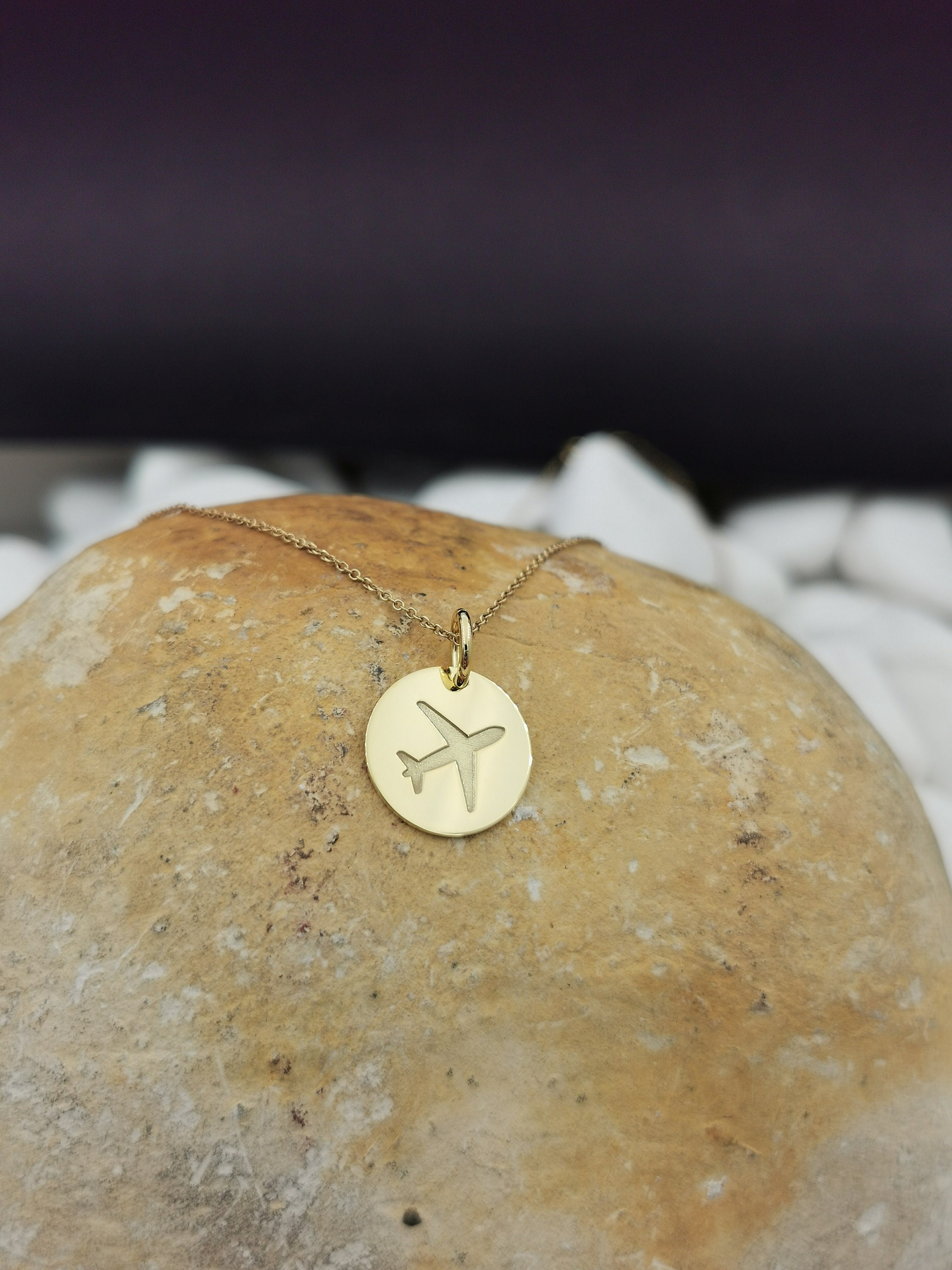 14K Solid Gold Airplane Necklace, Personalized Plane Pendant, Travel Necklace