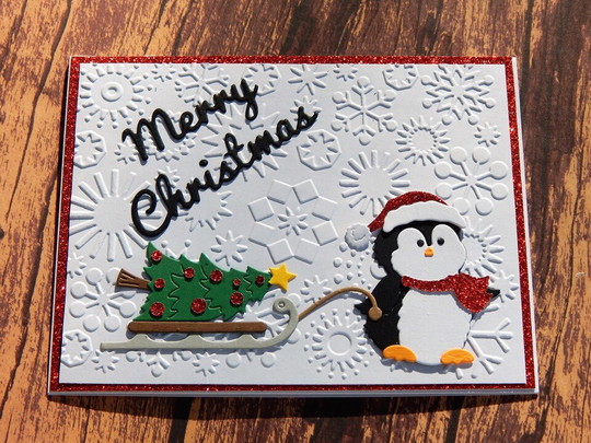 Penguin Christmas Card Embossed Snowflake Merry Pulling A Sled Handmade Greeting Holiday Ooak