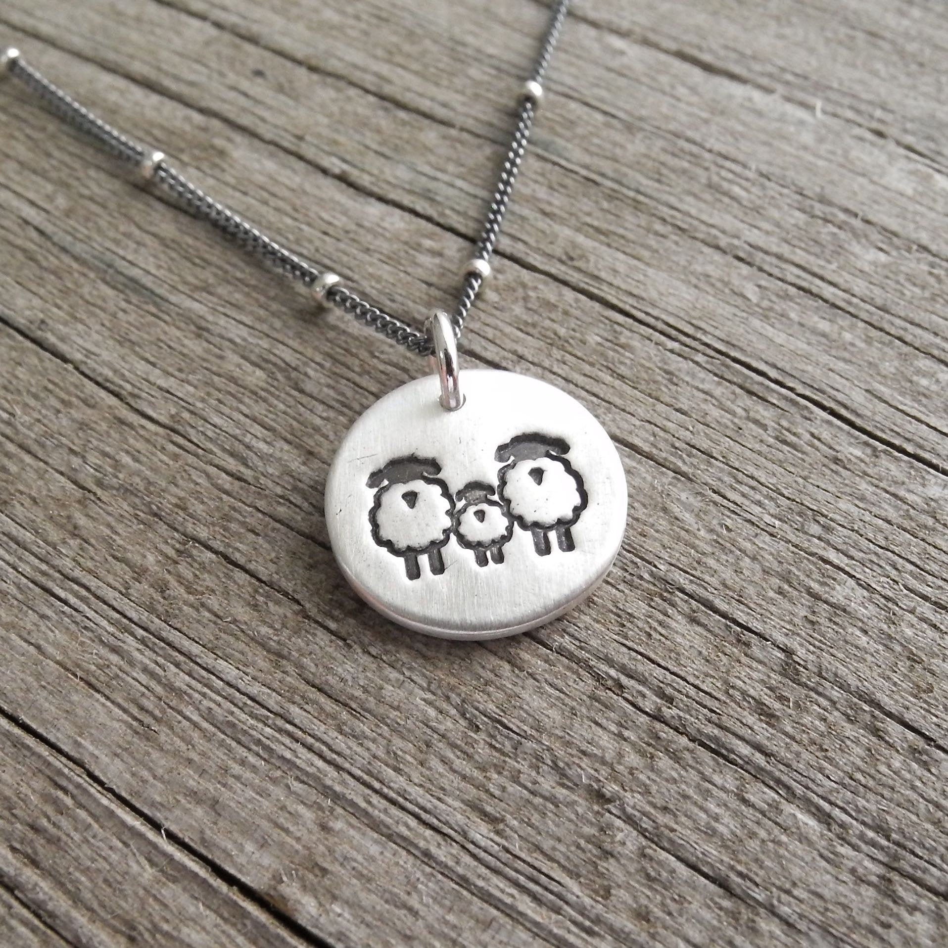 Tiny Sheep Family Necklace, Ewe, Lamb, Ram Jewelry, New Fine Silver, Sterling Silver Chain, Made To Order
