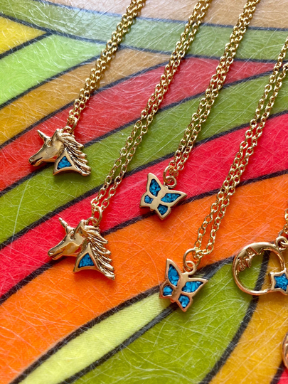 You Pick/Vintage Nos Dainty Goldtone Turquoise Unicorn Butterfly Moon Or Star Necklace