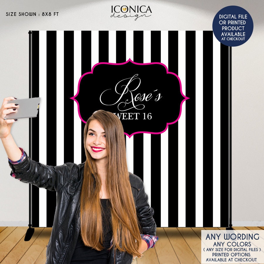Sweet 16 Party Backdrop, Black & White Stripes Banner, Step Repeat Black White , Any Color, Printed Or Printable File Bbr0013