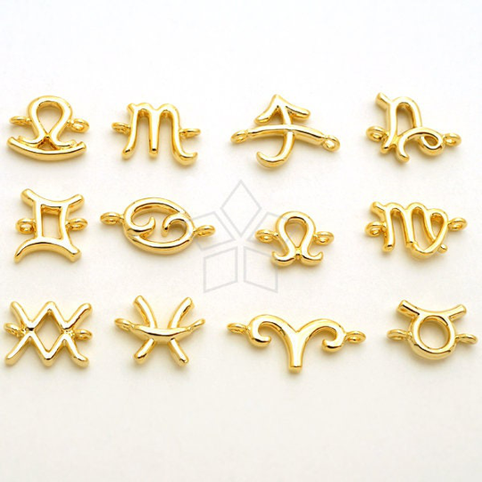Pd-2854-Gd/2 Pcs - Tiny Sign Of Zodiac Symbol Charm Connector, Two Loops Birthday Constellation Pendant in Gold, Choose Your Sign