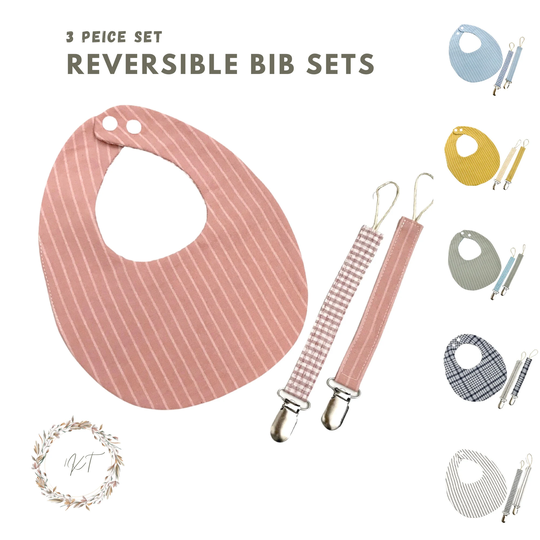 Reversible Bibs | 3 Piece Set Bib Pacifier Clip Vintage Baby Gift Strip & Gingham