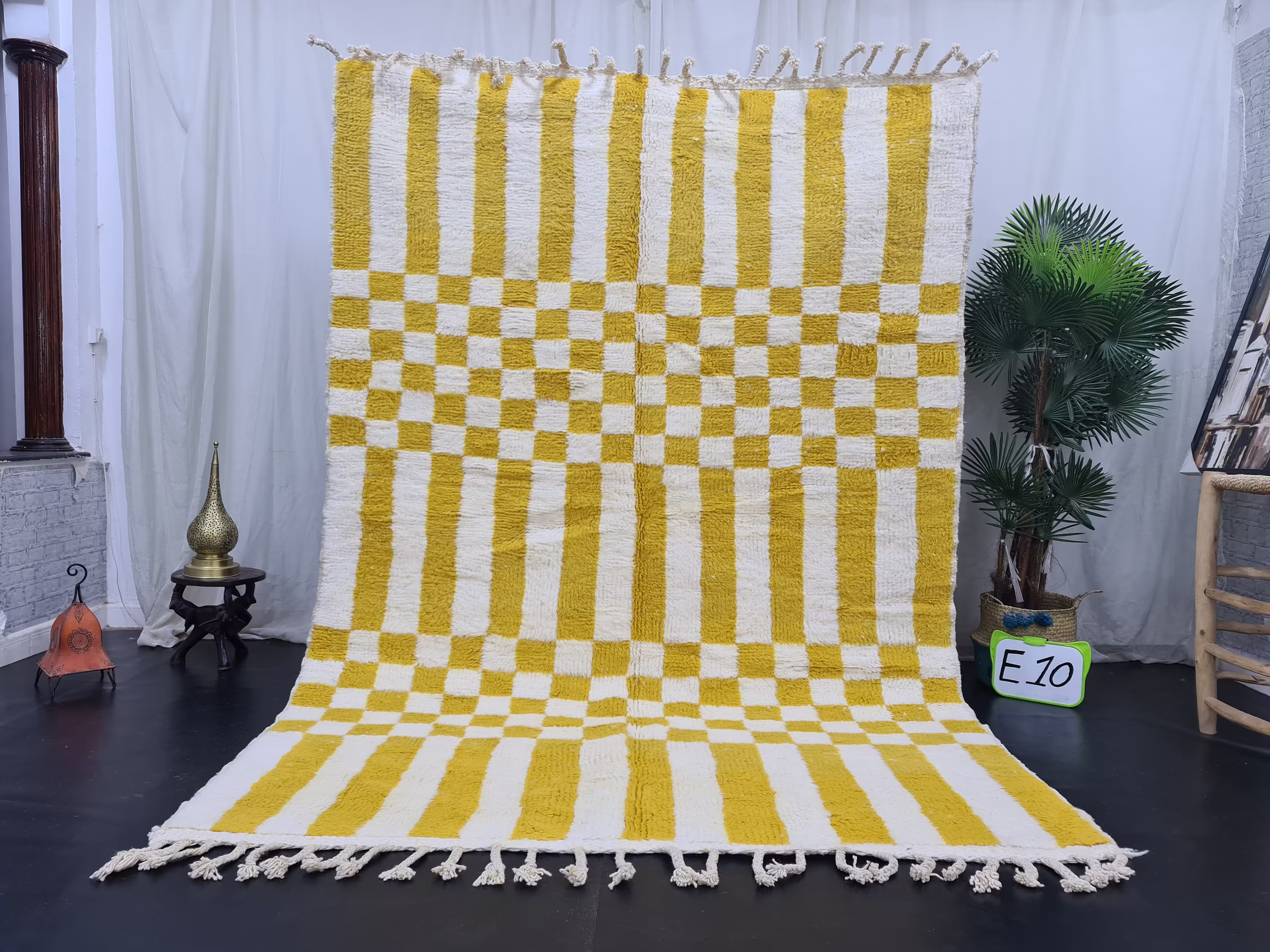 Checkered Moroccan Rug, Handmade Beni Ourain Authentic Azilal Berber White & Yellow Wool, Bohemian Rug