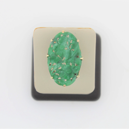 Vintage 1940S Handmade Solid 14K Yellow Gold Hand Crafted Jade Ring