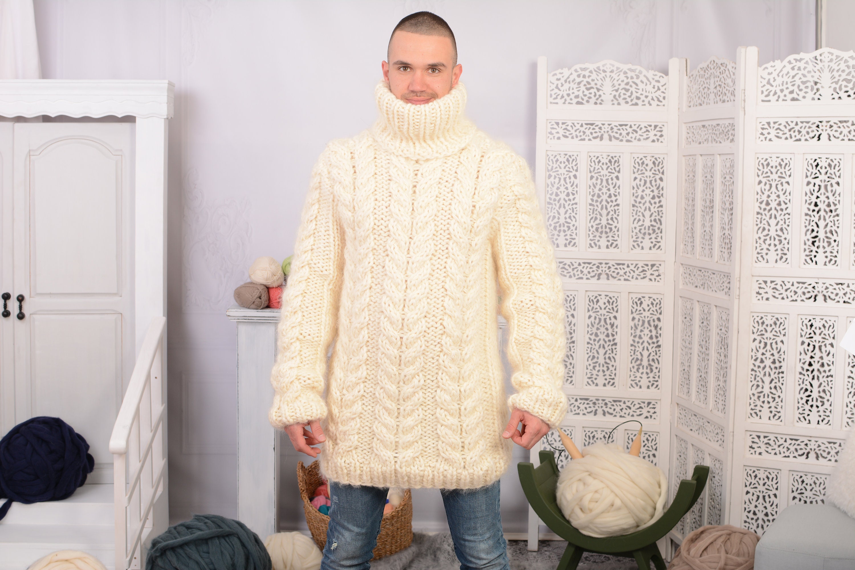 Chunky Mohair & Soft Wool Blend Sweater, Hand Knit Turtleneck Pullover T730M