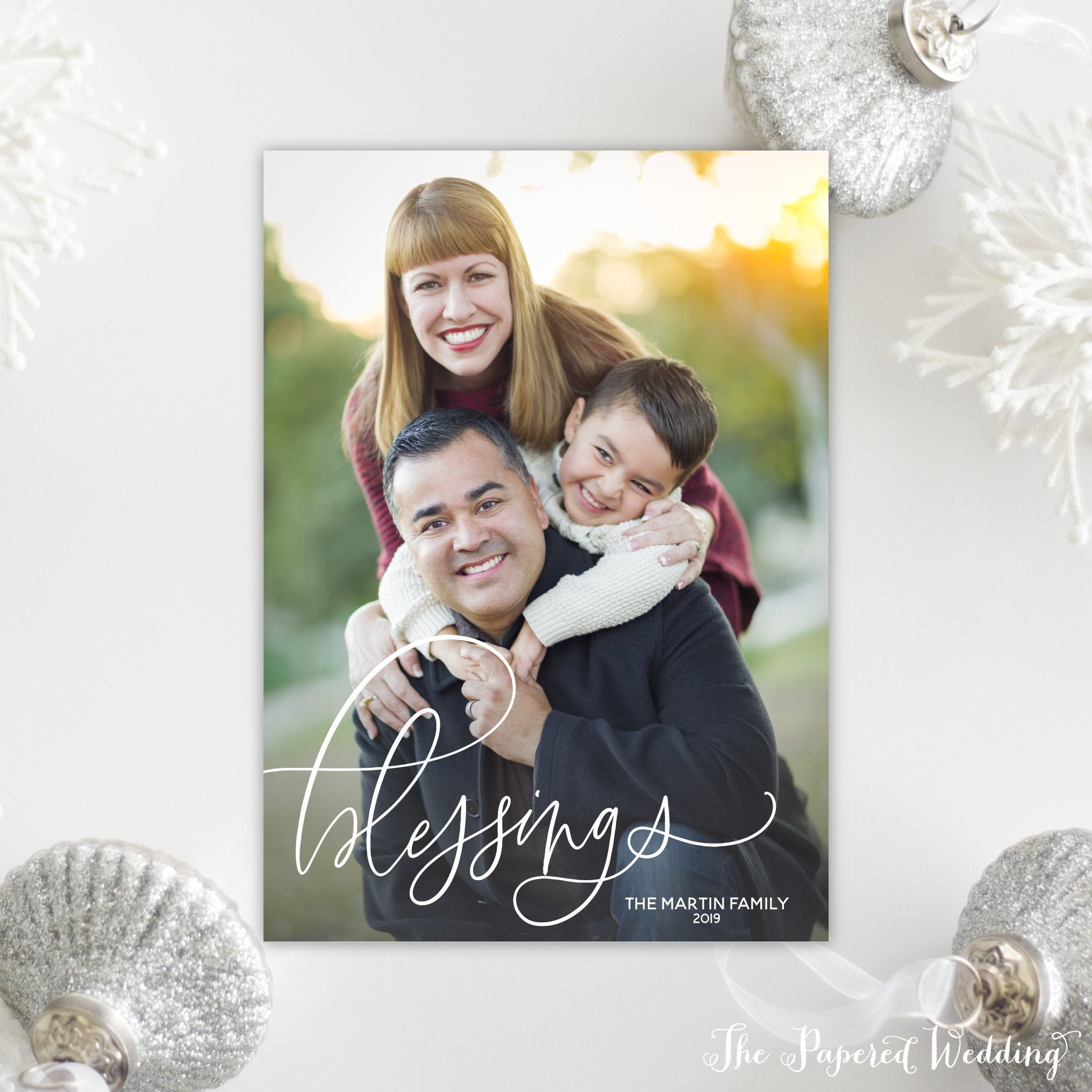 Printable Or Printed Blessings Christmas Cards - One Portrait Picture With Script Wording Overlay 074 P1"