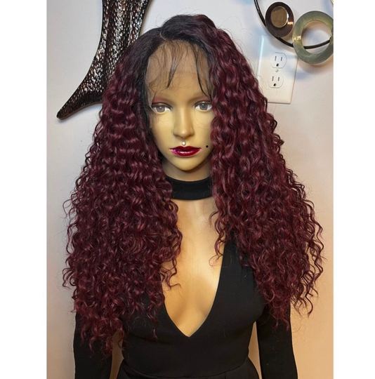 Long Curly Human Hair Blend Daily Wig Black Roots Wine Red./Cosplay Party