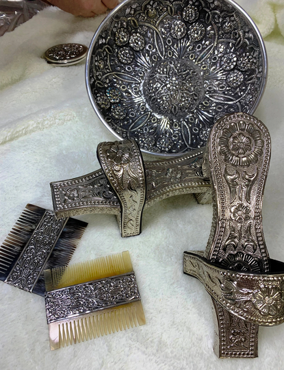 sterling Silver Hair Comb Bath Bowl & Turkish Clogs Set, Decorative Oriental Pieces, Handmade Vintage Special Gift