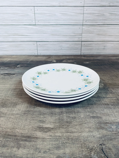 4 Vintage Corning Centura Floral Bread & Butter/Salad Plate, Green & Blue Flowers