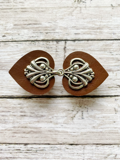 Cinch Clip | Cloak Clasp Silver & Brown Leather Dress Clips Waist Cincher Cardigan Unique Gift Scarf Kardiklips K-121