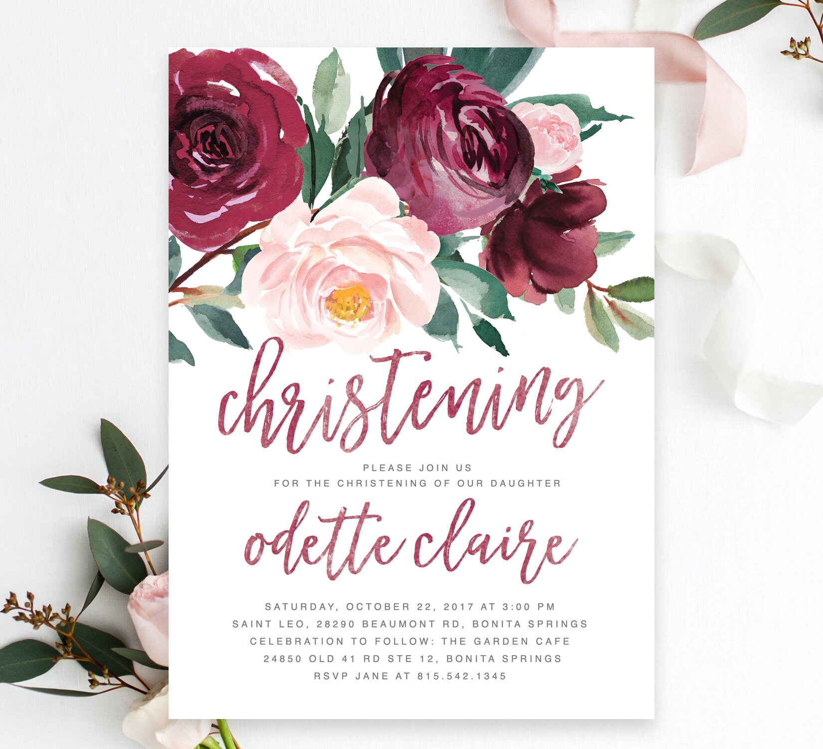 Christening Invitation Girl, Girl Invite, Floral Invitation, Blush Pink & Burgundy Flowers, Greenery - Br-O, Odette