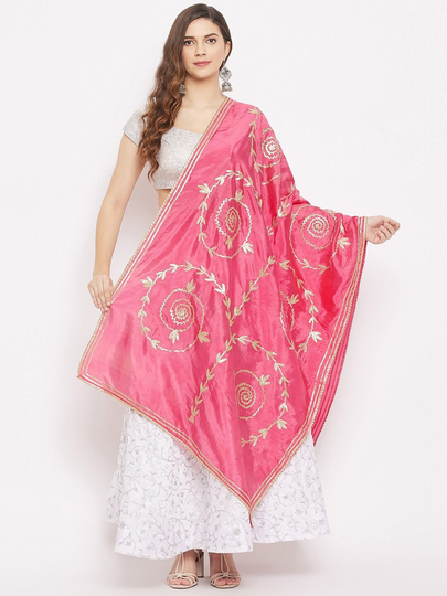 Women's Silk Blend Pink & Gold-Toned Ethnic Motifs Embroidered Dupatta With Gotta Patti Free Shipping