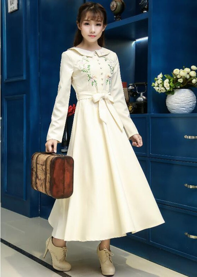 Free Shipping Vintage Style High Quality New Arrival Peter Pan Collar Button Decorated Embroidery Long Sleeve Woman Dress