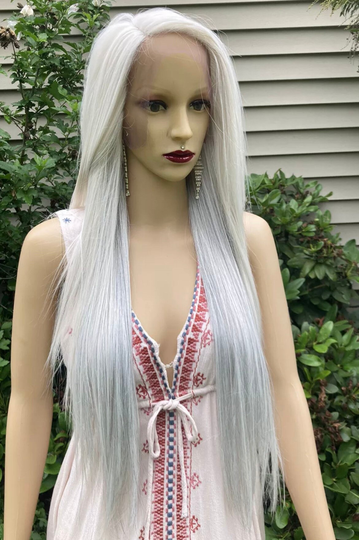 Long Straight White With Silver Peekaboo Human Hair Blend Front Lace Daily Wig. /Cosplay Party