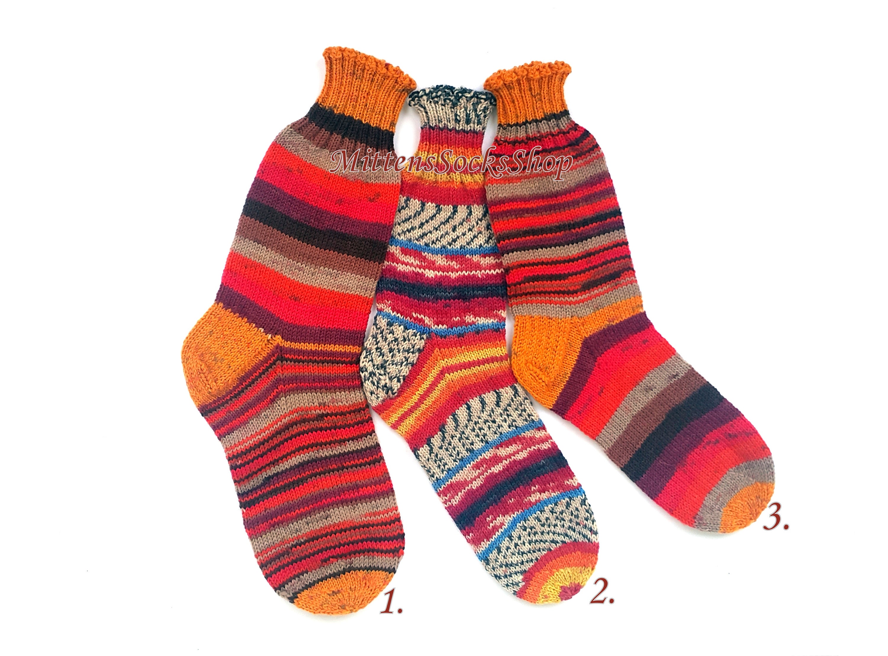 Red Orange Hand Knit Socks Striped From Yellow Sock Yarn Women's Stylish Girl's Wool