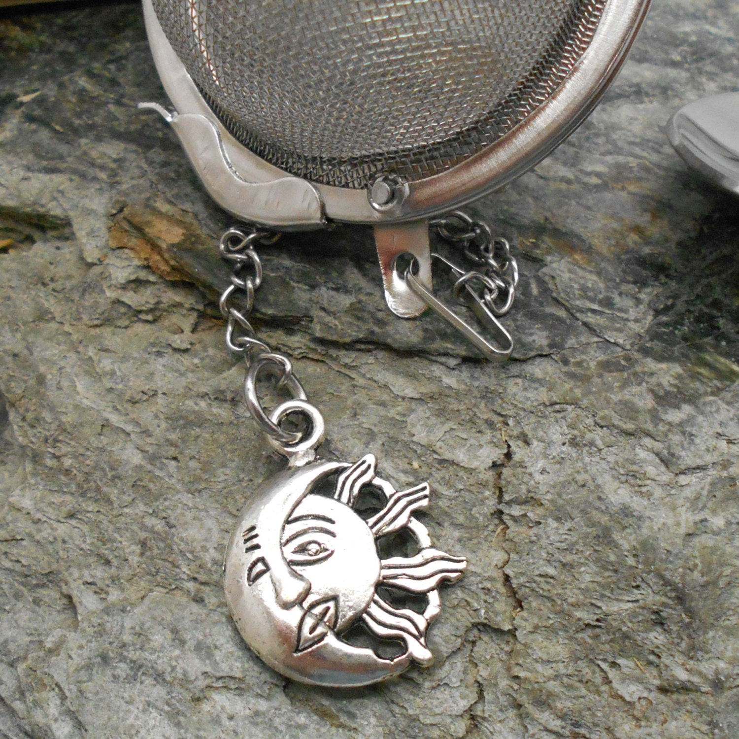 Tea Ball Infuser, Moon & Sun Charm - Ball, Strainer, Loose Leaf Tea, Brewing, Sun, Moon, Mesh