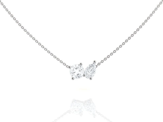 Moissanite Toi Et Moi Necklace, Solid 14K White Gold Minimalist Style Layering Pendant, Anniversary Jewelry, Unique Two Stone Pendant