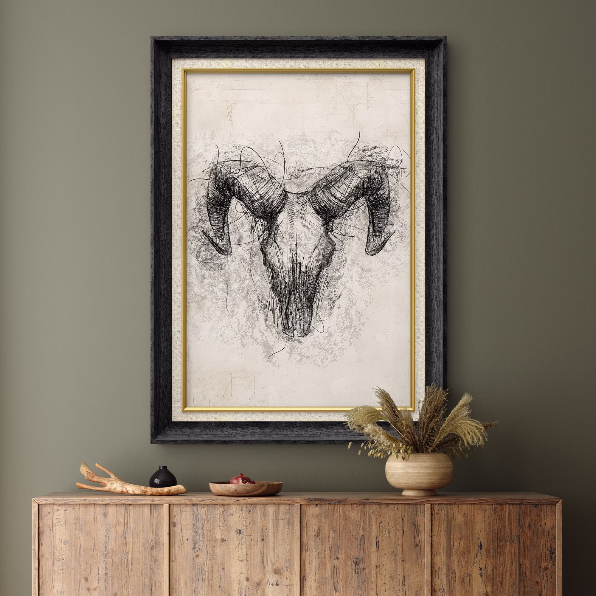 Signwin Premium Frame Art Vintage Retro Ram Skull Skeleton Portrait Animals Wilderness Illustration Fine Rustic Decor For Living Room