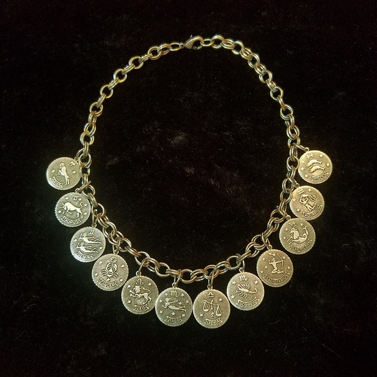 Vintage Zodiac Signs Necklace, 1970's Jewelry, 12 Astrological Charms, Horoscope Witchy