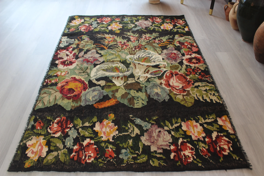 Vintagekarabagh Kilim, Ethnic Karabagh Kilim Rug, Bohemian Floral Rose Design Rug/N-598 4'5"x7' Feet