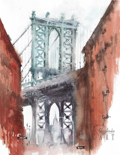 New York Original Painting Wall Art Artwork Watercolor American City Manhattan Bridge Home Decor 10x13"