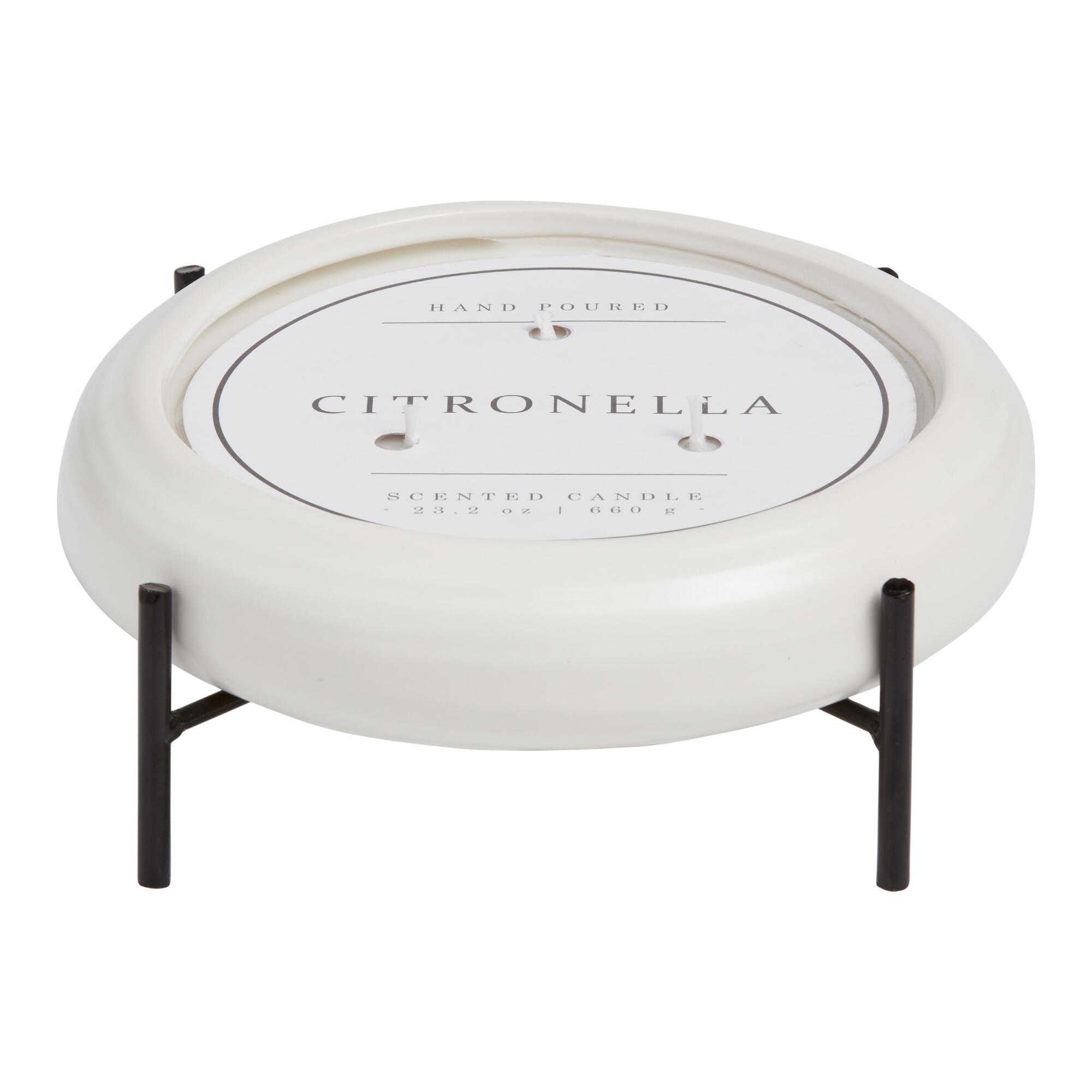 White Ceramic 3 Wick Citronella Candle With Stand - Wax by World Market
