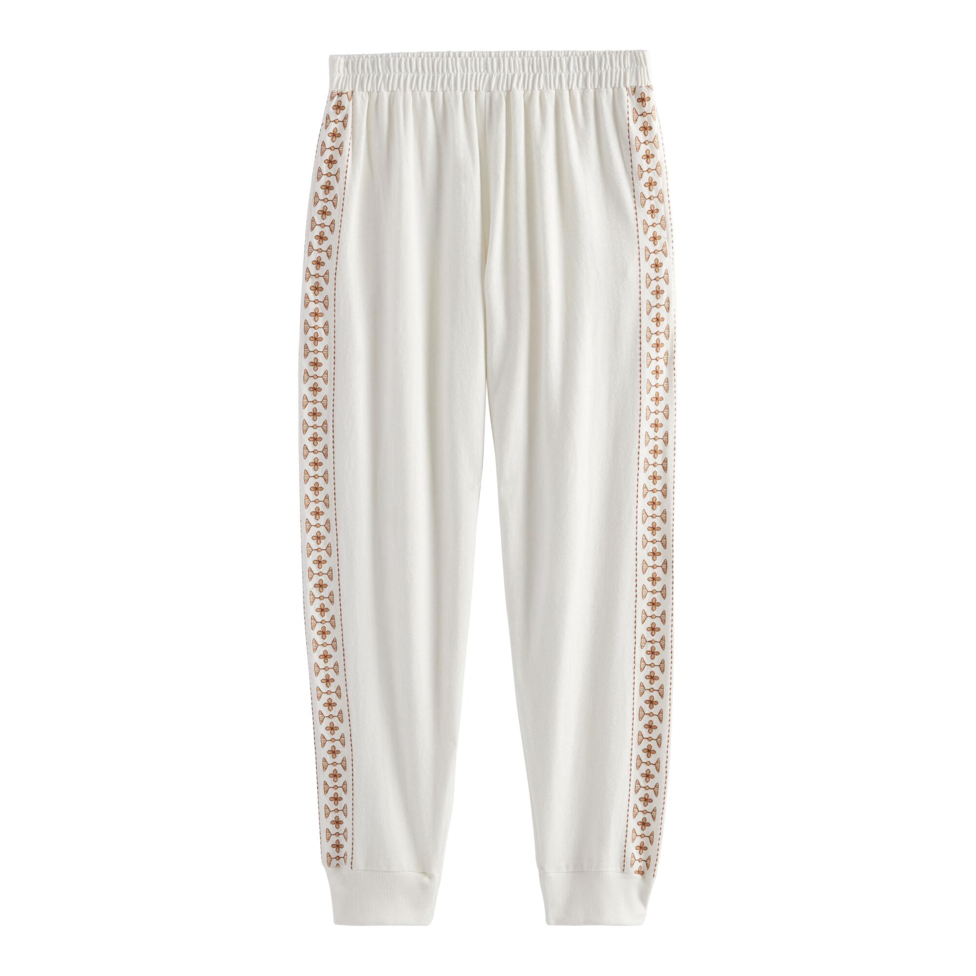 White And Rust Geo Embroidered Lounge Joggers With Pockets - Large by World Market