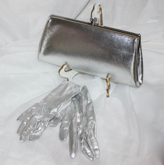Pretty Vintage, Silver Vinyl Clutch With Gloves