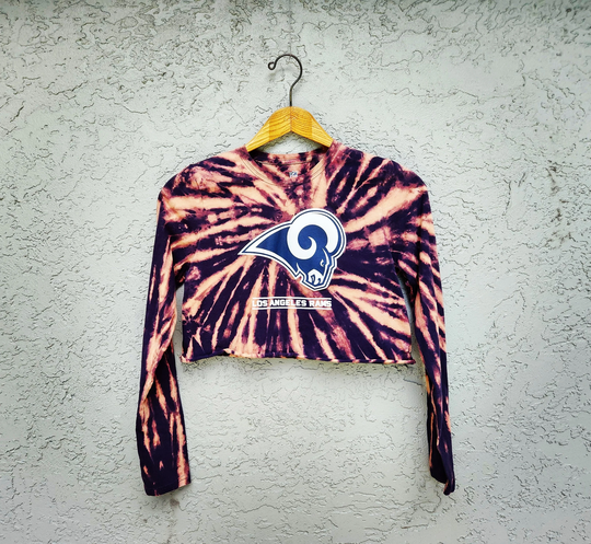 Reworked Los Angeles Rams Tie Dye Crop Top T-Shirt - Bleach Dyed Cropped T Shirt Nfl La Graphic Tee Hand Cut Tshirt Size M Medium
