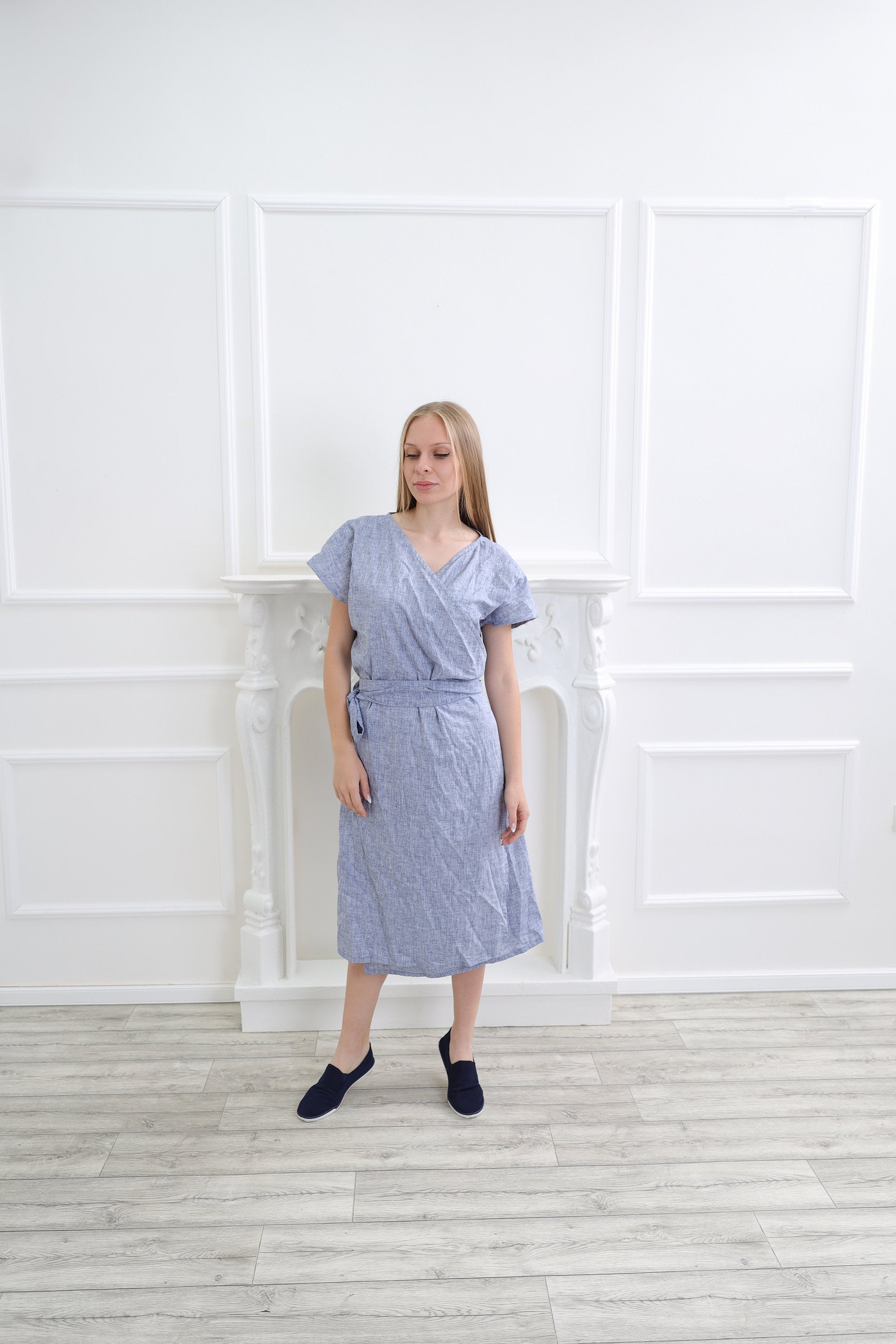 Linen Kimono Dress, Blue Midi Wrap Plus Size Clothing, Sky Loose Comfortable Loungewear