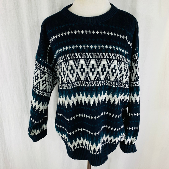Vintage 90S Oakton Wool Blend Black White Geometric Stripe Sweater Size Xl