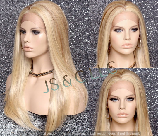 Human Hair Blend Hand Tied Full Lace Front Wig Heat Ok Center Mono Part Layered Sides Blonde Mix Straight Cancer/Alopecia/Cosplay Anime