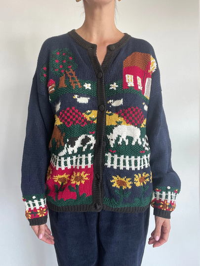 Rare Vintage Animal Farm Motif Hand Knitted Cardigan in Midnight Blue Ramie/Cotton Blend Size S/L