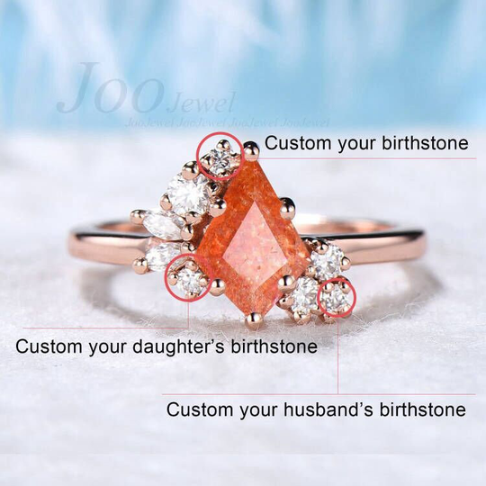 Natural African Sunstone Ring Cluster Engagement Kite Orange Gemstone Jewelry-Accept Custom Birthstone Side Stone Service
