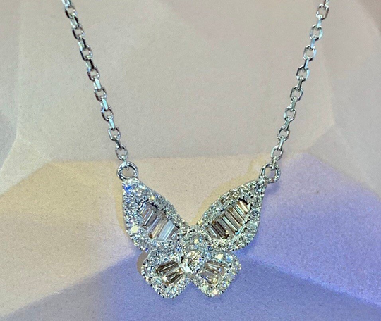 14K White Gold Diamond Butterfly Necklace, Charm Pendant Chain