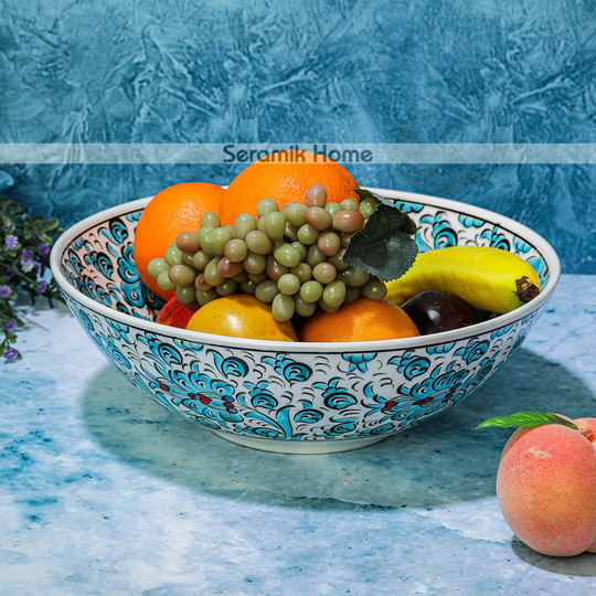 11.8" Large Ceramic Fruit Bowl, Hand Painted Colorful Salad Decorative Lotus Offering Turkish Handmade Bowl