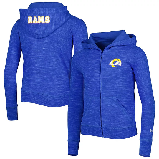 Girls Youth New Era Royal Los Angeles Rams Reverse Space Dye French Terry Full-Zip Hoodie, Girl's, Size: YTH Large, Blue