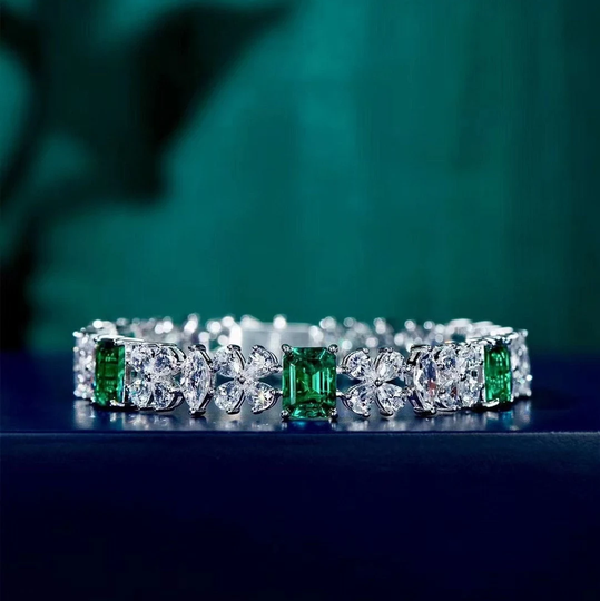 8 Ct Colombia Emerald Bracelet, Nature Zircons. S925 Silver Plated 18K White Gold Chain. Gift For Her