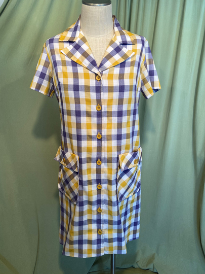 Cute Vintage 70S Cotton Blend Yellow Purple Plaid Short Sleeve Shirt Dress Unbranded W Union Label Bust 38 Waist 34