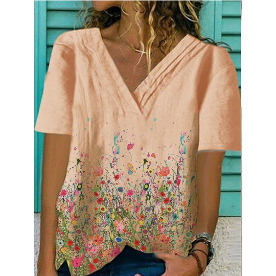 White Floral-Print Cotton-Blend Casual V Neck Shirts & Tops - Pink, M