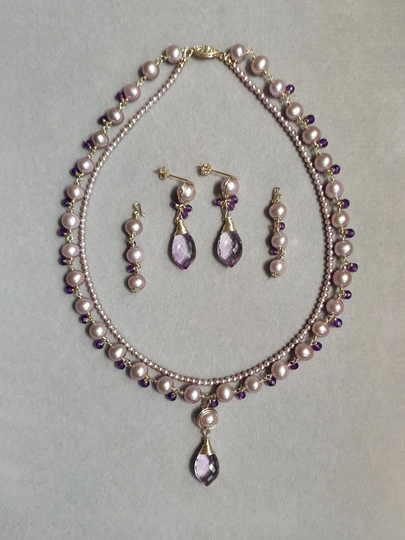 Light Purple Pearls Jewelry Set // Lavender Amethyst Necklace Handmade Unique Earring 14K Gold Filled For Her Gift