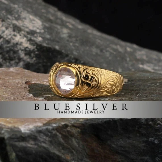 Mens Signet Ring, Diamond Stone, 925K Hand Carving, Gold Plated, Silver Accessory, Handmade Ring, Jewelry Gift For Him