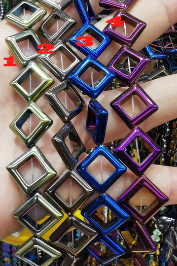 15mm Natural Hematite Electroplated Titanium Diamond Hollow Open Square, Rainbow/Bronze/Gold/Blue Loose Beads For Necklace Bracelet