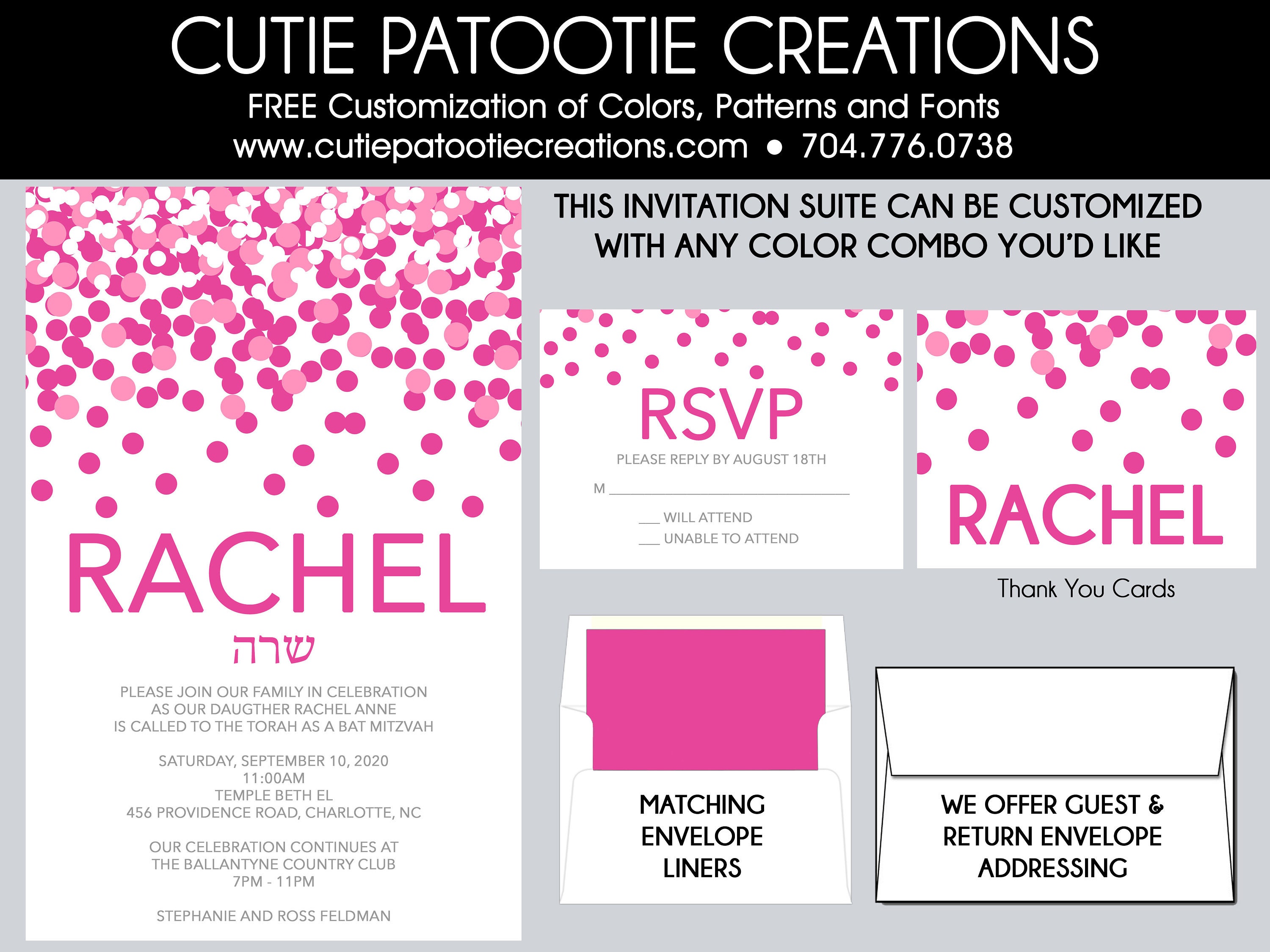 Bat Mitzvah Invitations - Invitation Pink Confetti Add Matching Rsvp Cards, Thank You, Envelope Addressing Custom Colors