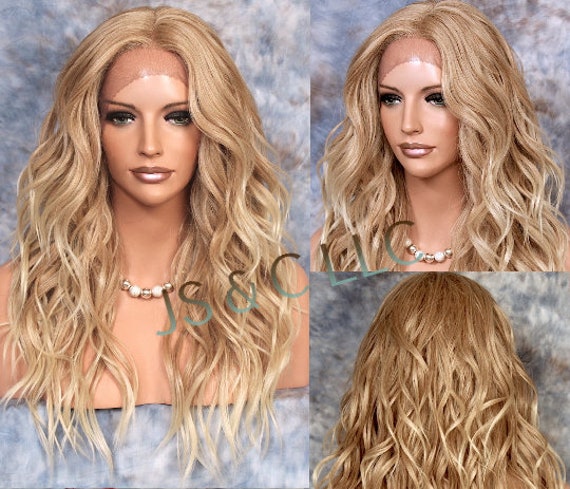 Human Hair Blend Wig Natural Relaxed Beachy Wavy Strawberry Blonde Mix Ombre Hand Tied Mono Center Part Heat Ok Cancer/Alopecia/Cosplay