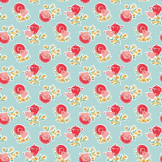 Lori Holt Cook Book Fabric By Riley Blake - Aqua Blue & Red Dishes The 1/2 Yard Or Fat Quarter
