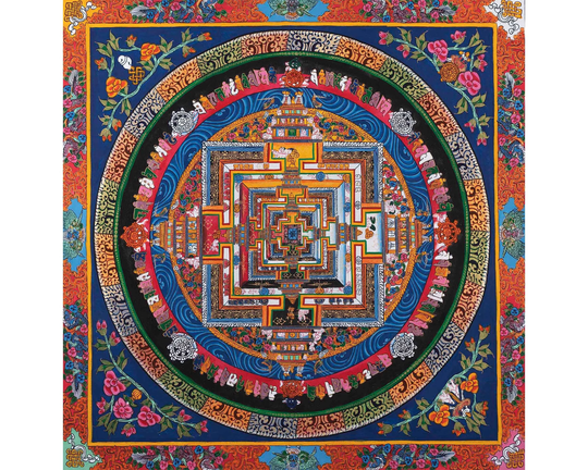 Handpainted Blue Kalachakra Mandala Thangka | Traditional Buddhist Artwork Religious Wall Hanging Decoration Spiritual Gift Ideas