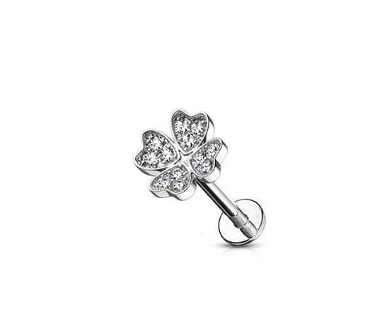 16G Four Leaf Clover Labret With Clear Cz Gems Stainless Steel Cartilage Monroe Internally Threaded